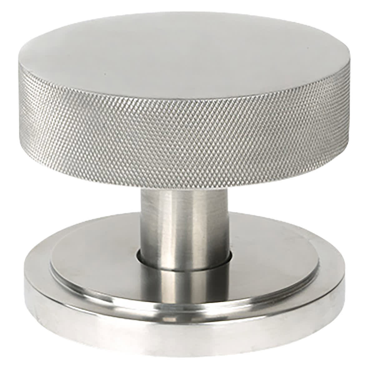 Brompton Satin Stainless Round Knurled Centre Door Knob on Art Deco Rose - 90mm Rose Diameter