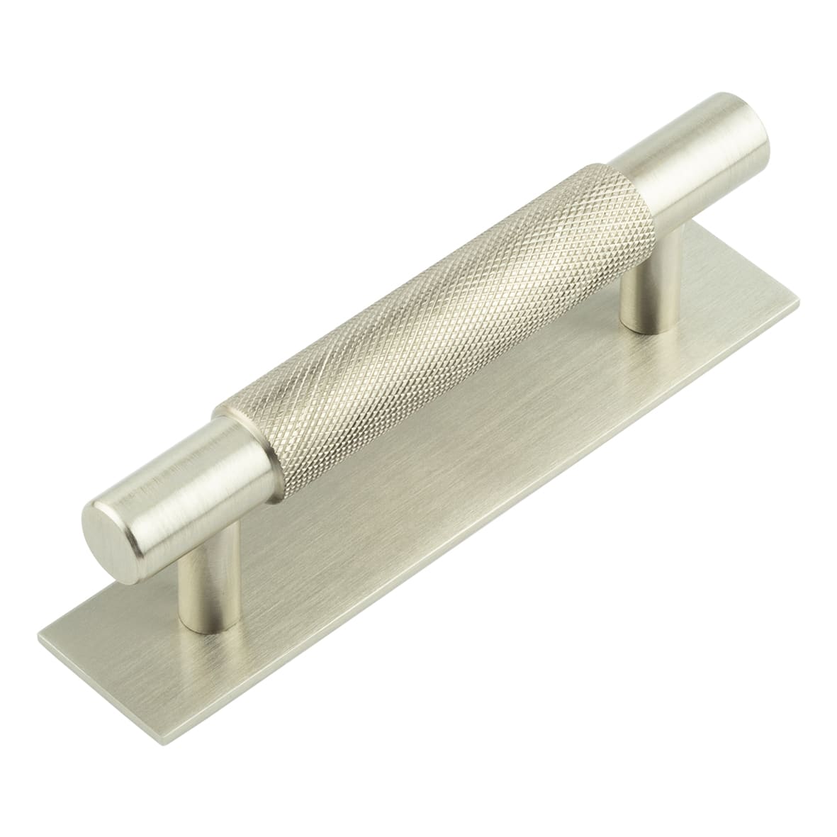 Taplow 18mm Knurled T-Bar Cabinet Pull Handle on Plain Backplate - 96mm c/c - Satin Nickel