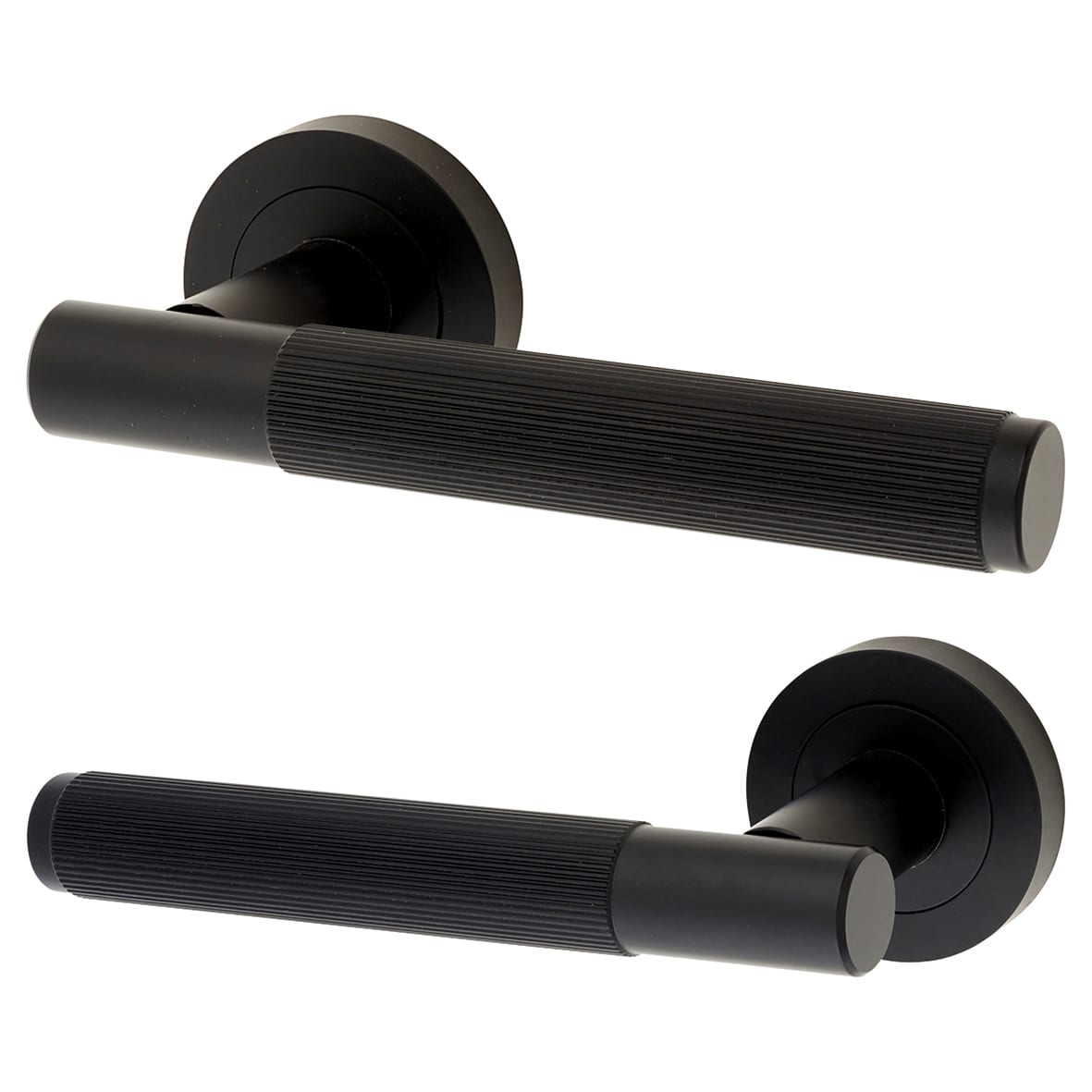 Matt Black Fire Rated Lines Door Handles on Rose - Venice Range