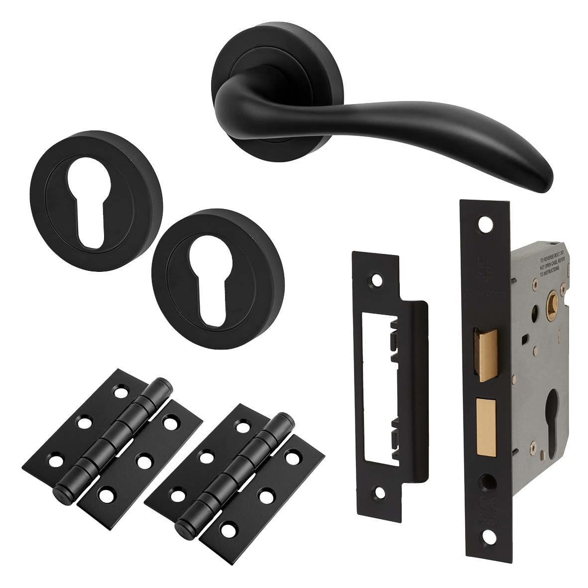 Matt Black Euro Lock Door Handles on Rose Pack - Sussex Range