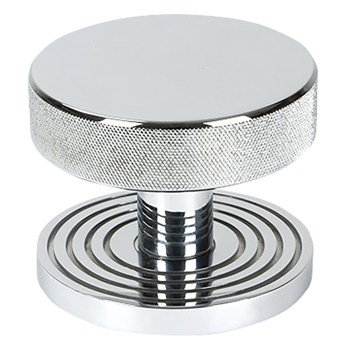Brompton Polished Chrome Round Knurled Centre Door Knob on Beehive Rose - 90mm Rose Diameter