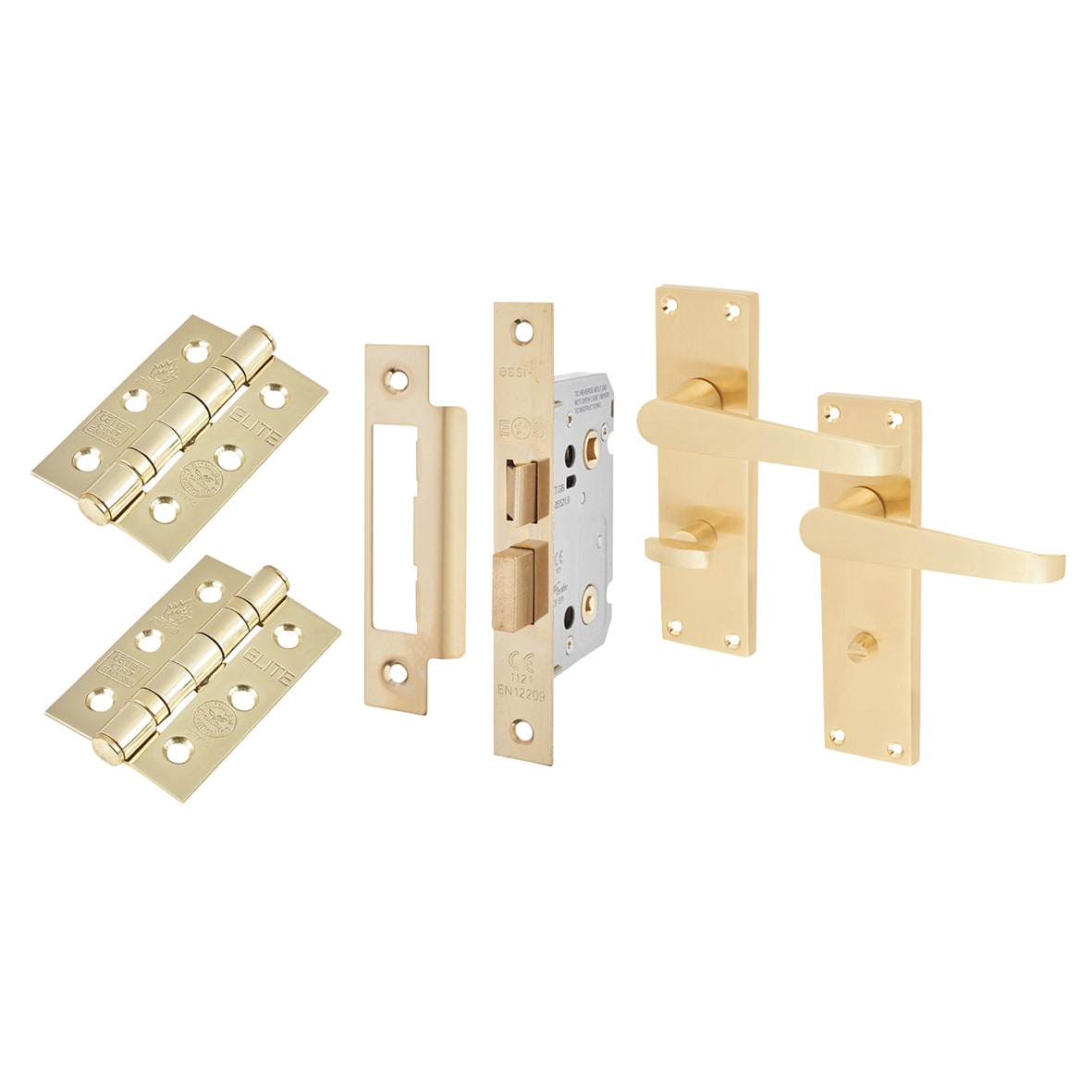 Satin Brass Budget Straight Bathroom Lock Door Handles Pack