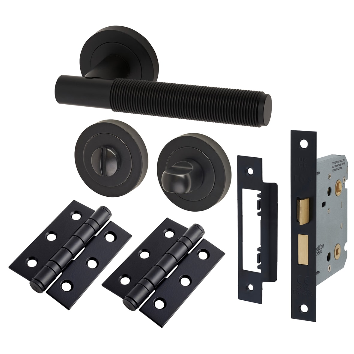 Matt Black Reeded Bathroom Lock Door Handles Pack - Lily Range