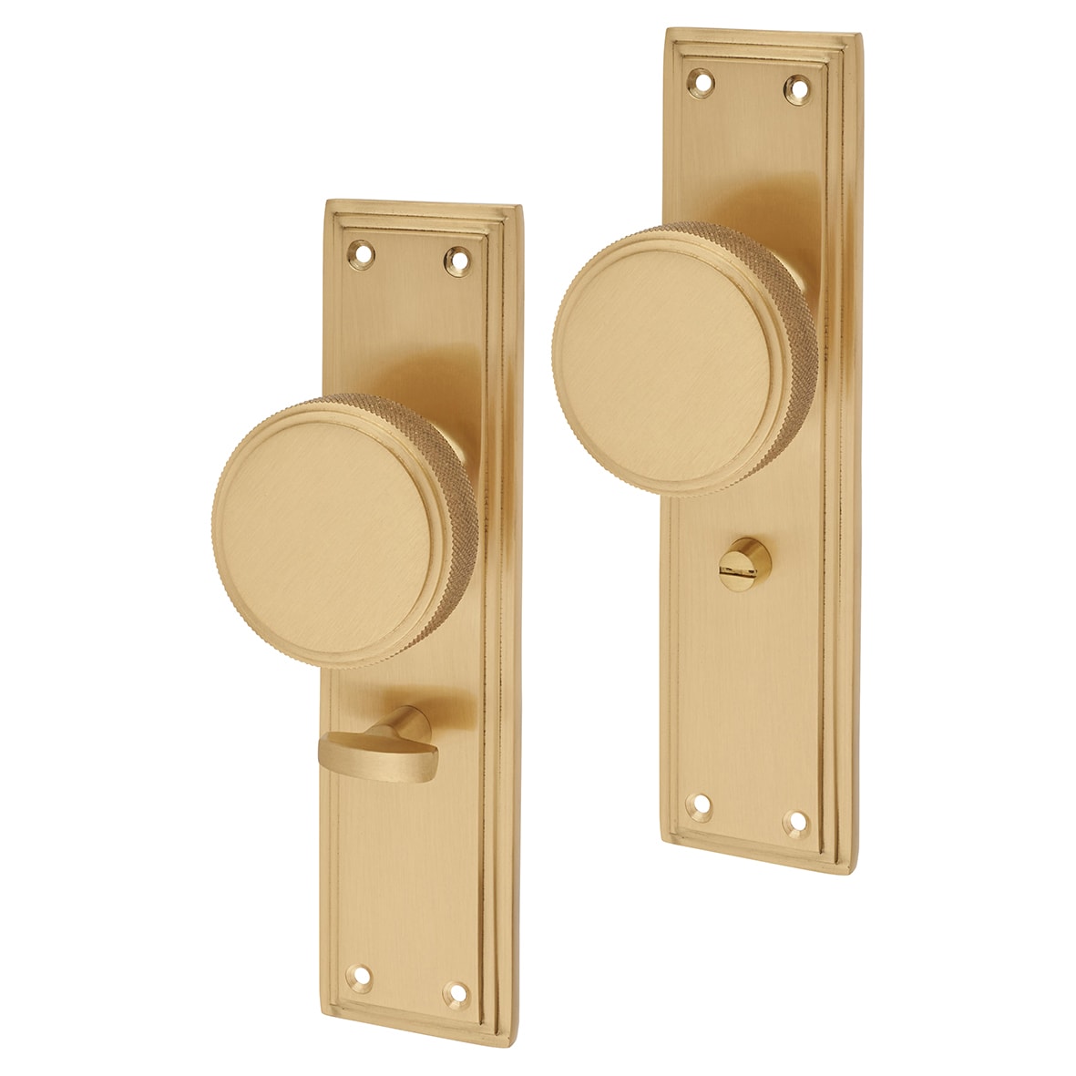 Satin Brass Knurled Bathroom Mortice Door Knob on Backplate - 205 x 52mm - Miller Range