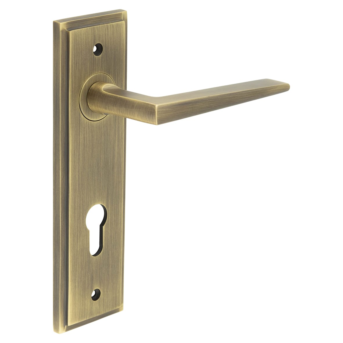 Antique Brass Fire Rated DIN Euro Lock Door Handles - Mayfair - 200 x 55mm
