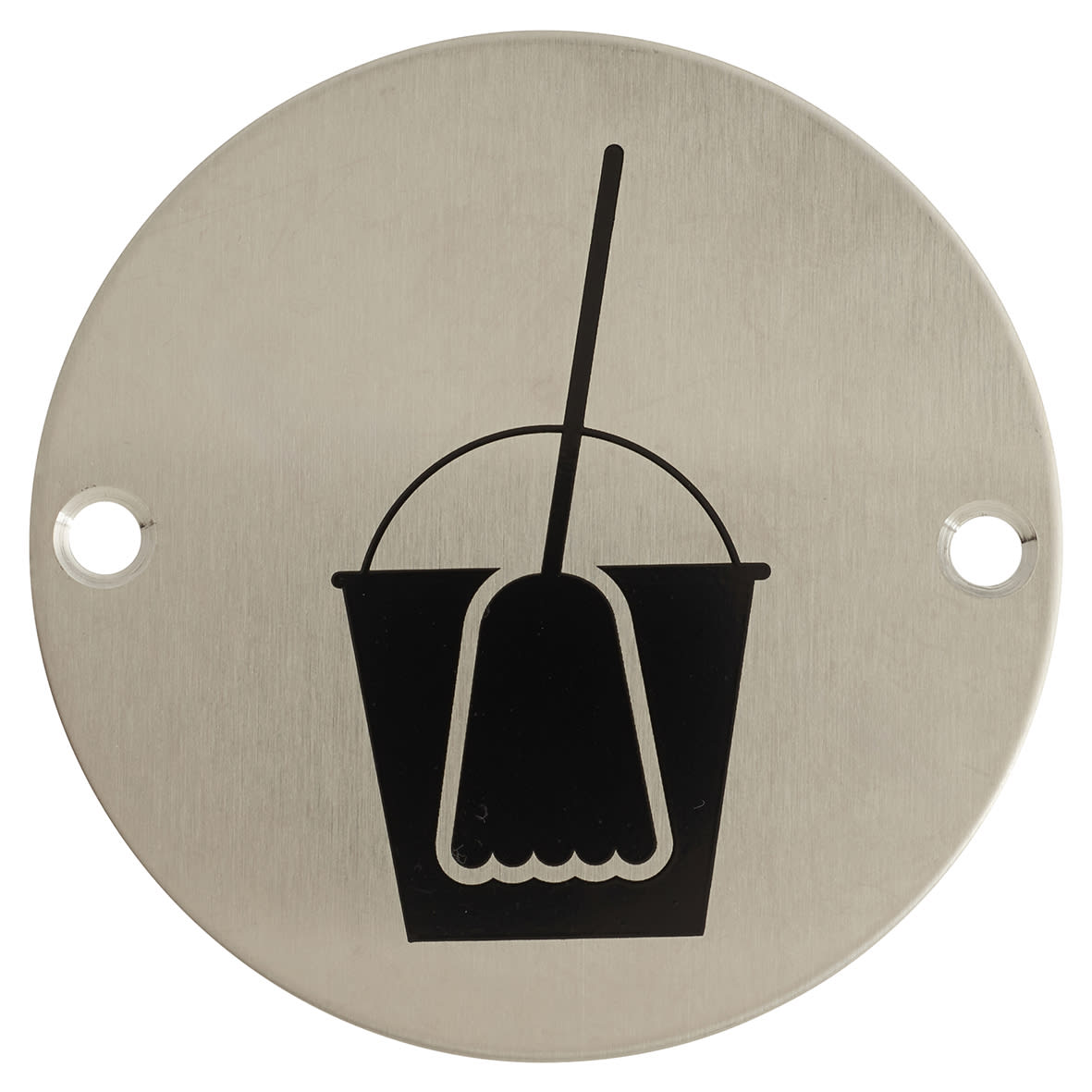 Mop & Bucket Door Sign - 75mm Diameter - Satin Stainless Steel