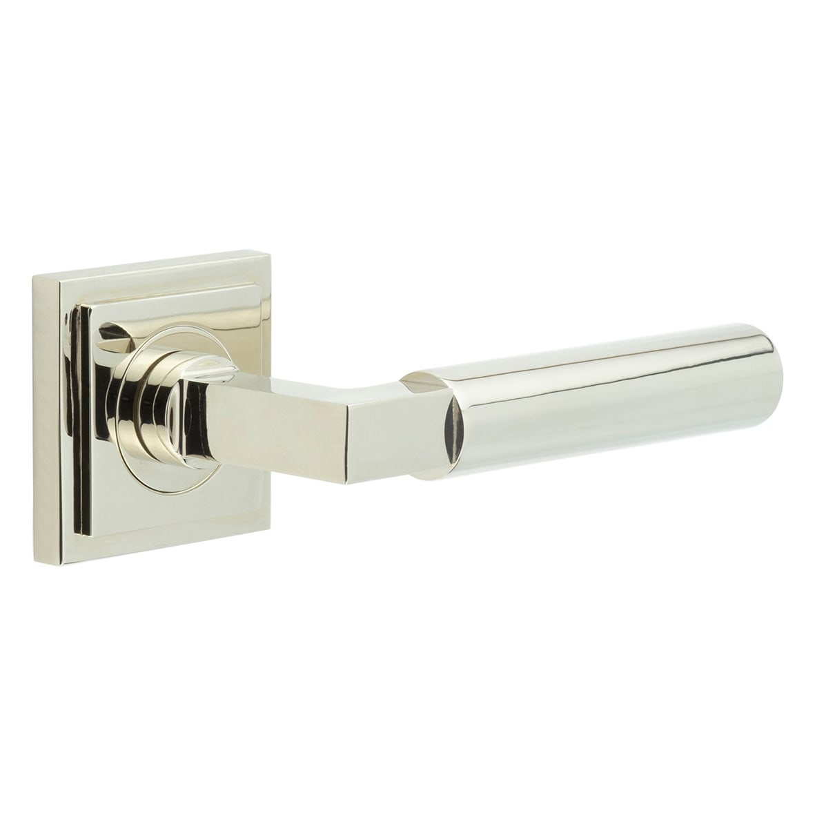 Polished Nickel Fire Rated Door Handles on Square Stepped Rose - Westminster Range