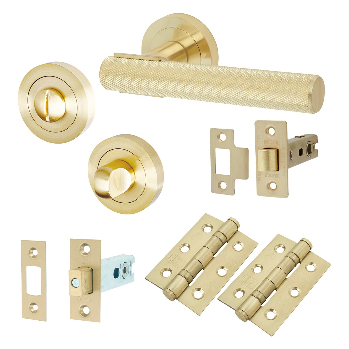 Satin Brass Knurled Bathroom Deadbolt Lock Door Handles on Rose Pack - Orla Range