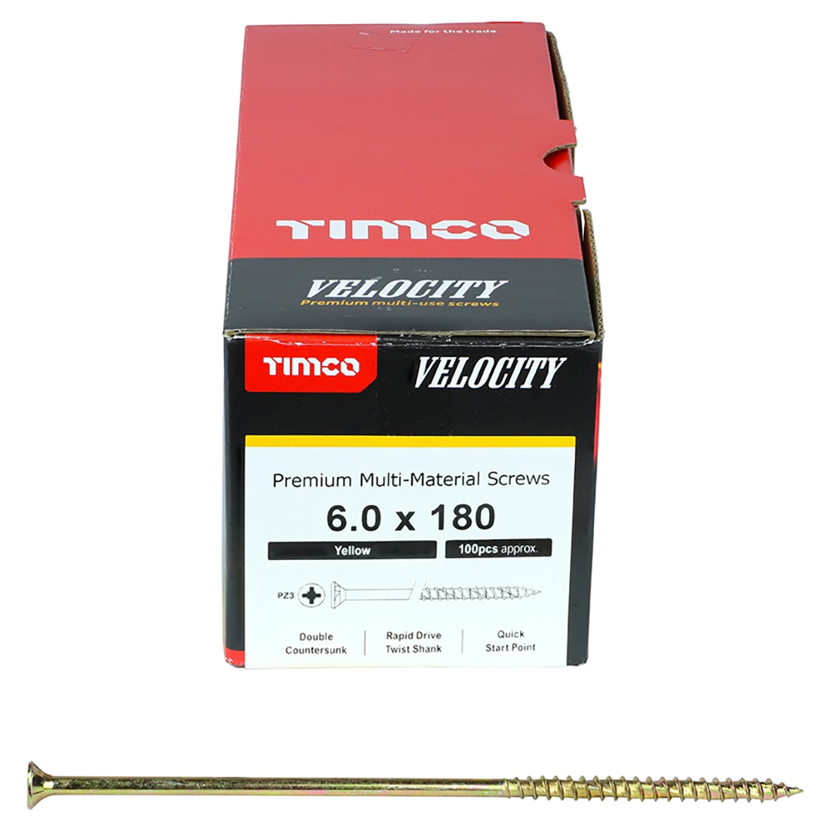 Velocity Pozi Countersunk Wood Screws - 6.0 x 180mm - Yellow Zinc - Pack of 100