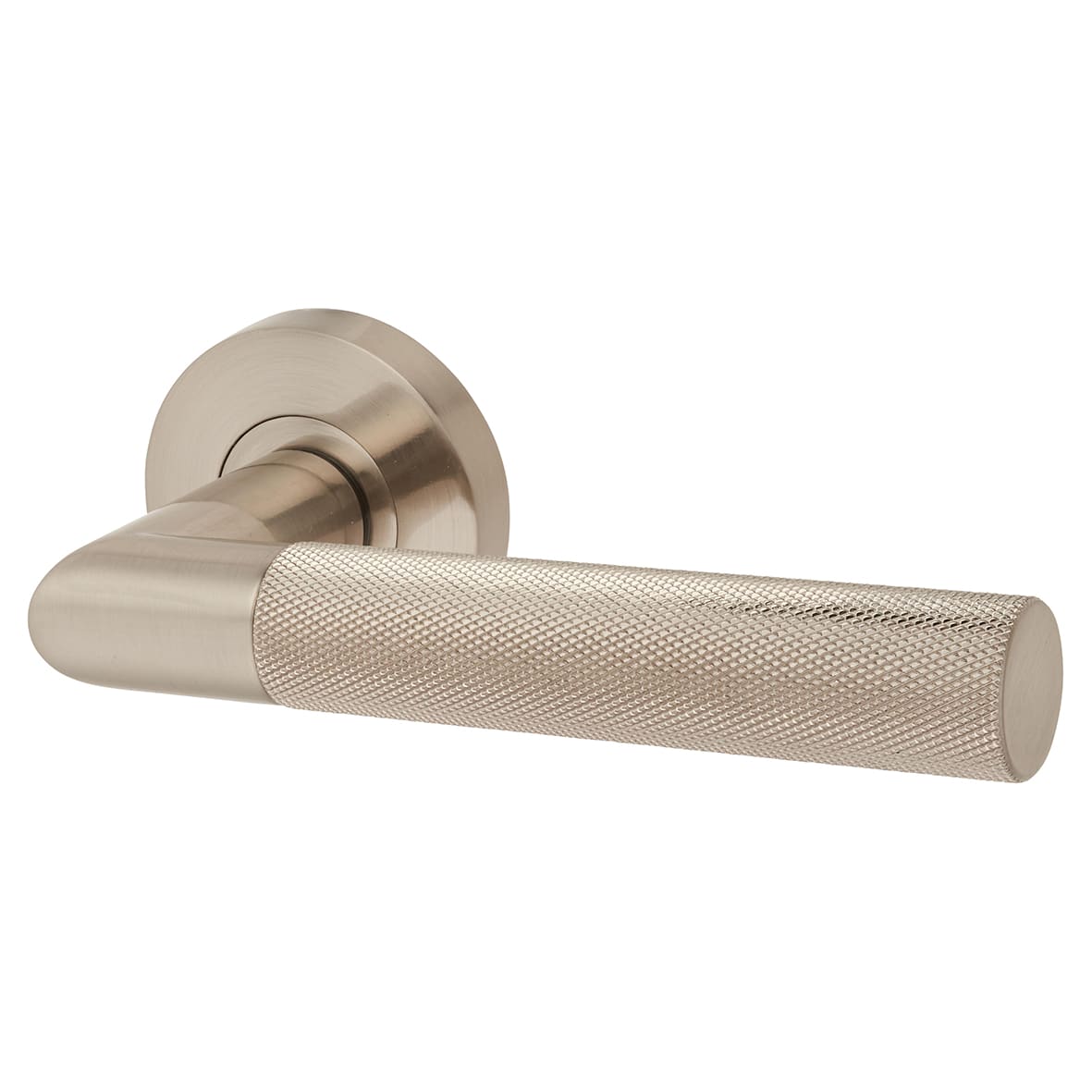 Satin Nickel Knurled Door Handles on Round Rose - Tactil Range