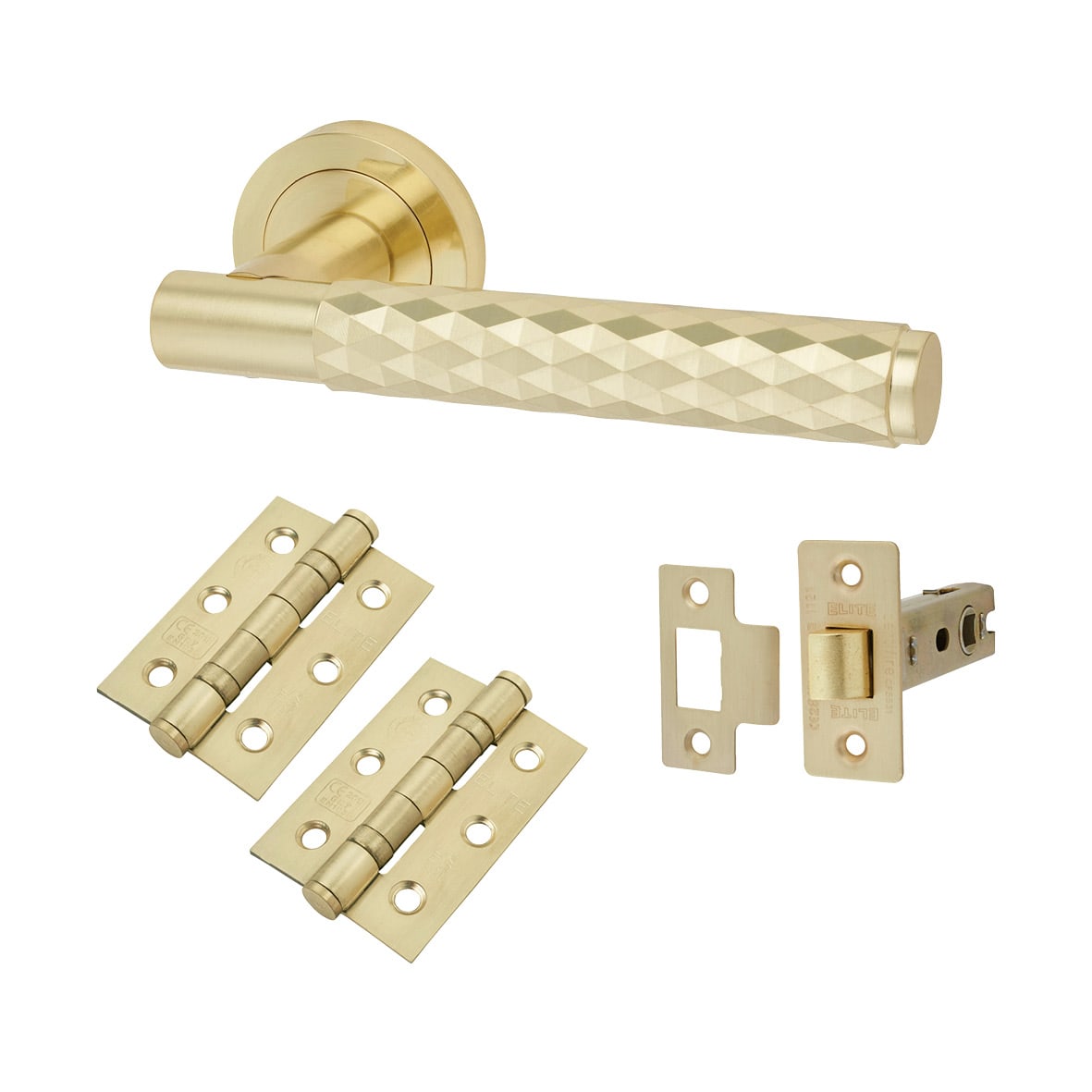 Satin Brass Honeycomb Latch Door Handles on Rose Pack - Cara Range