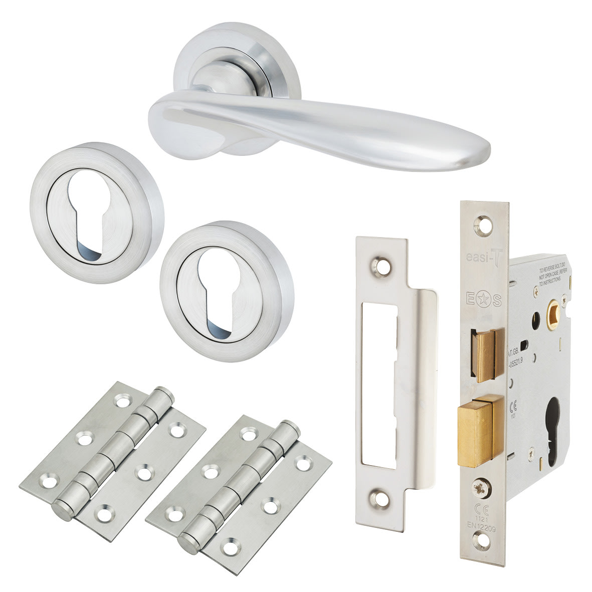 Satin Chrome Euro Door Handles on Rose Pack - Lancaster Range