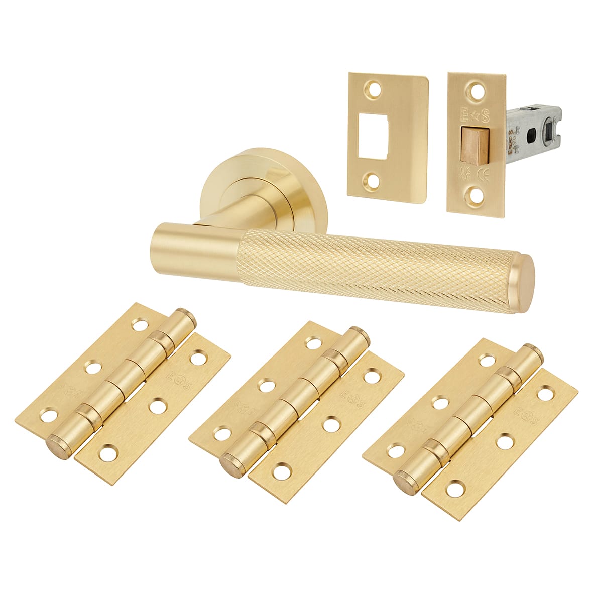 Brass Satin Brass Lagos Knurled Latch Door Handles on Rose Ultimate Pack - Lagos Range