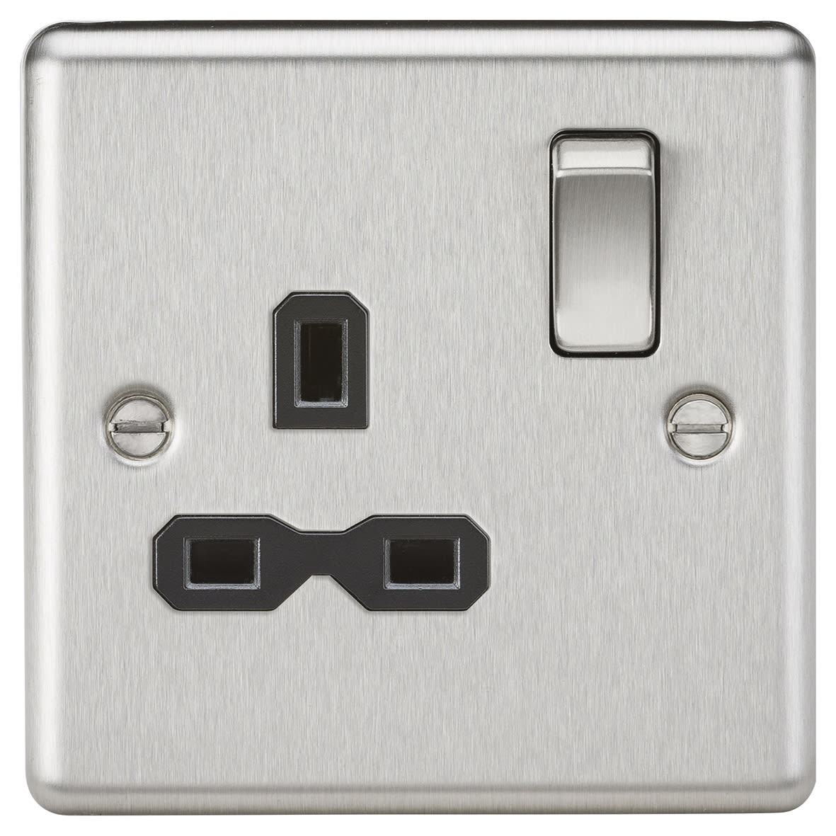 13A 1 Gang Double Pole Switched Socket - Brushed Chrome with Black Insert
