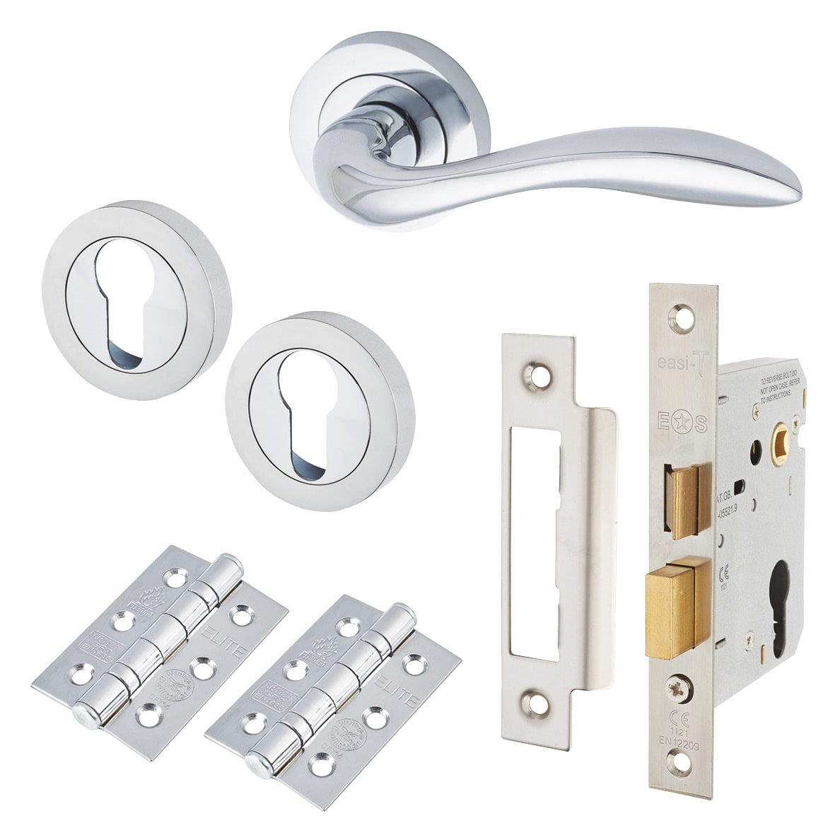 Polished Chrome Euro Lock Door Handles on Rose Pack - Sussex Range