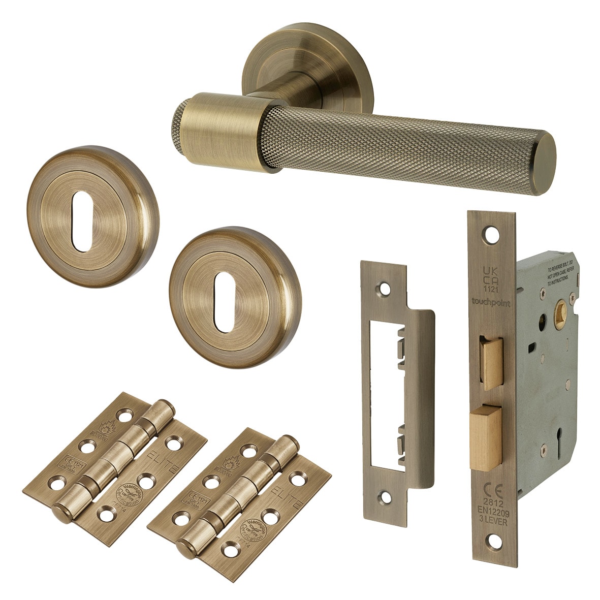 Antique Brass Knurled 3 Lever Sashlock Door Handles on Rose Pack - Esme Range