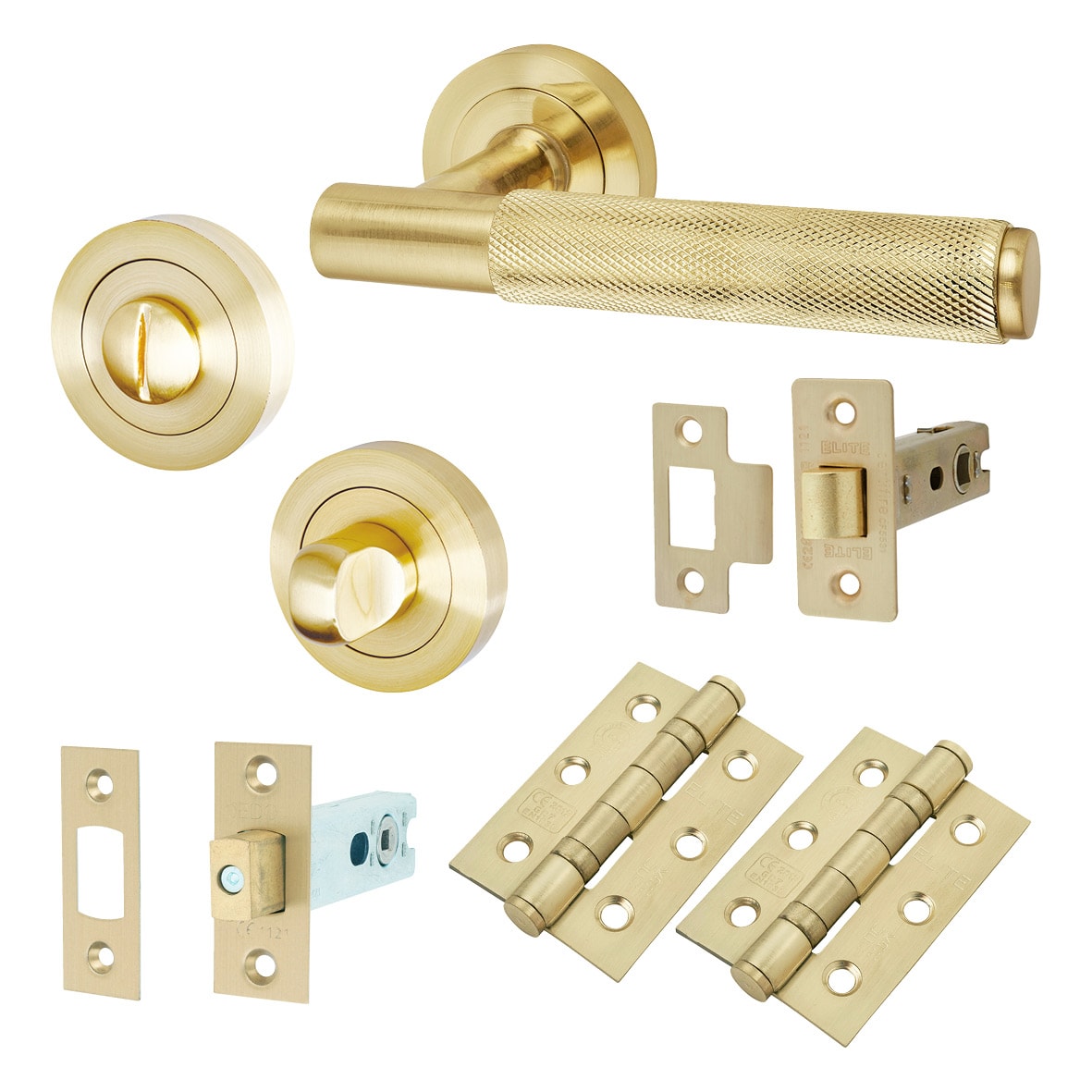 Satin Brass Knurled Bathroom Deadbolt Lock Door Handles on Rose Pack - Remi Range
