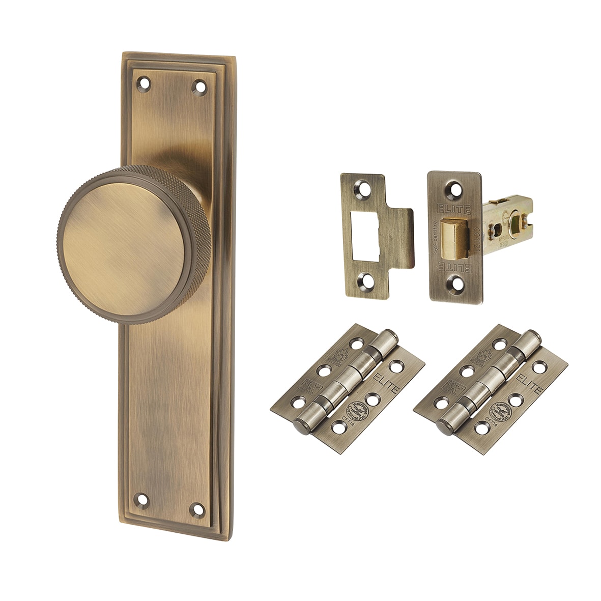 Antique Brass Knurled Mortice Door Knobs on Backplate Pack - Miller Range - 205 x 52mm
