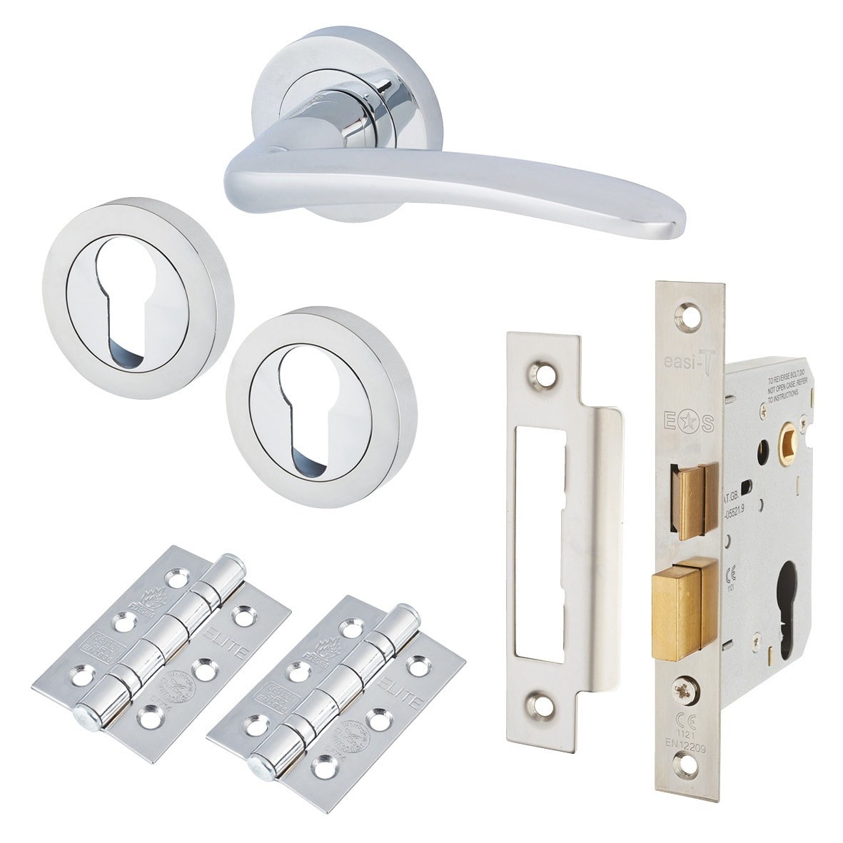Polished Chrome Euro Lock Door Handles on Rose Pack - Eloise Range