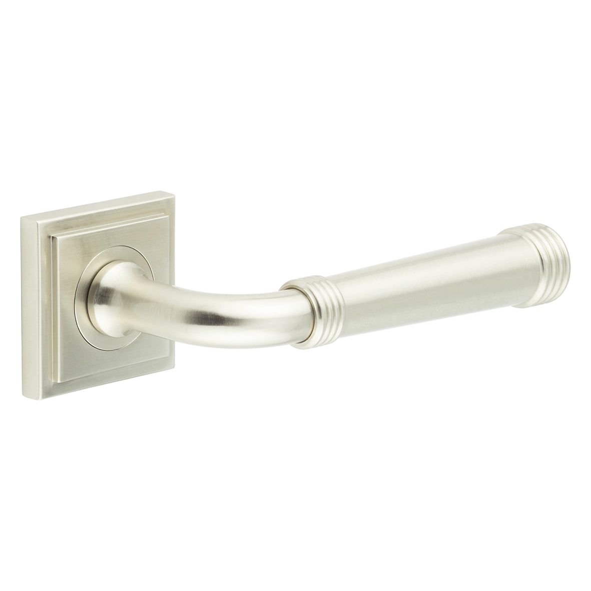 Satin Nickel Fire Rated Door Handles on Square Stepped Rose - Highgate Range