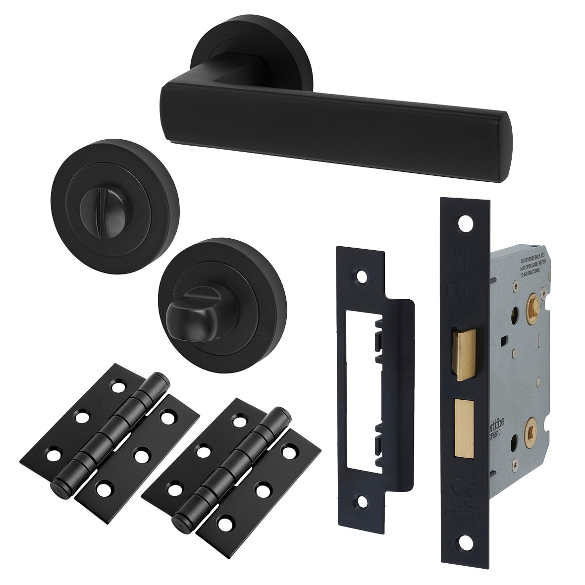 Matt Black Bathroom Lock Door Handles on Rose Pack - Zara Range