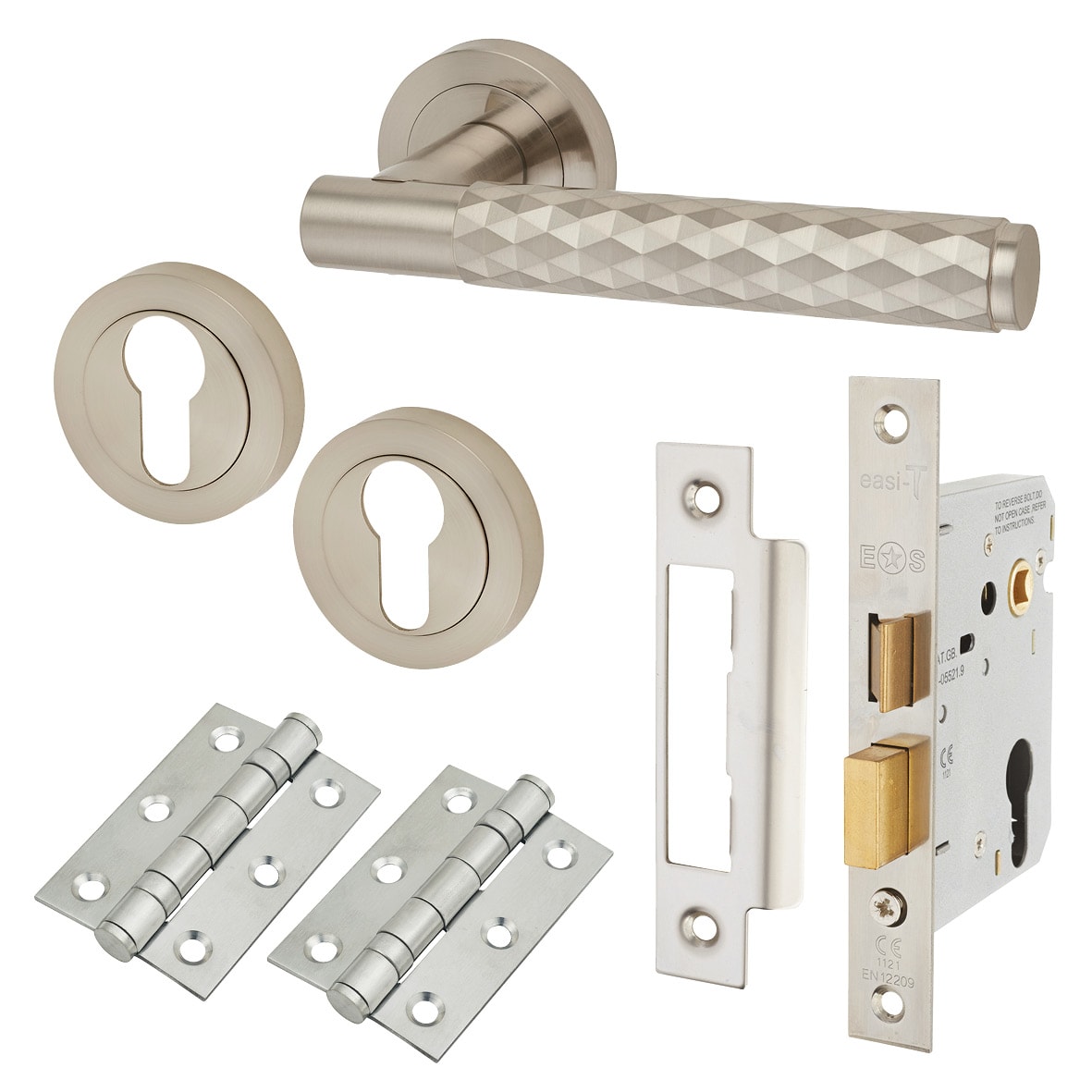 Satin Nickel Diamond Euro Lock Door Handles on Rose Pack - Luna Range
