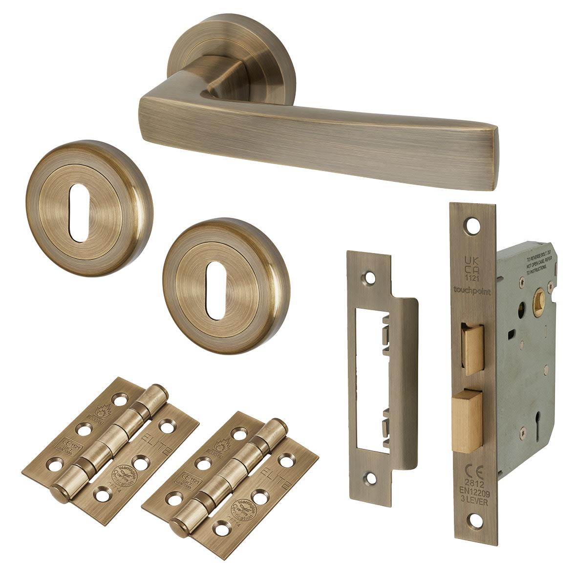 Antique Brass 3 Lever Sashlock Door Handle on Rose Pack - Ivy Range