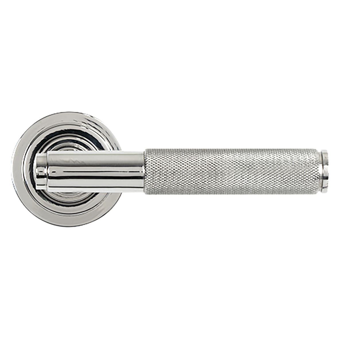 Polished Stainless Steel Knurled Door Handles on Round Art Deco Rose - Brompton Range