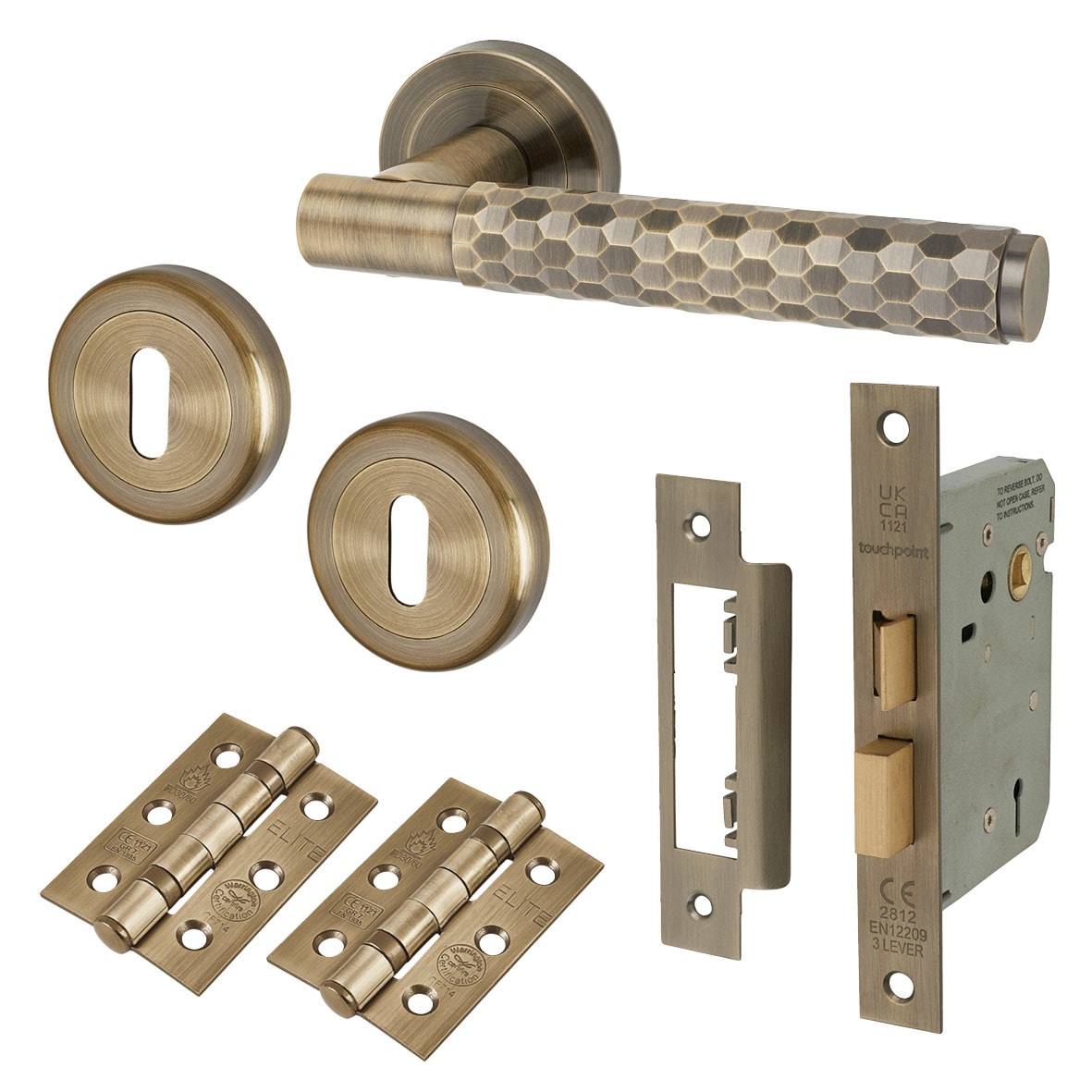 Antique Brass Honeycomb 3 Lever Sashlock Door Handles on Rose Pack - Cara Range