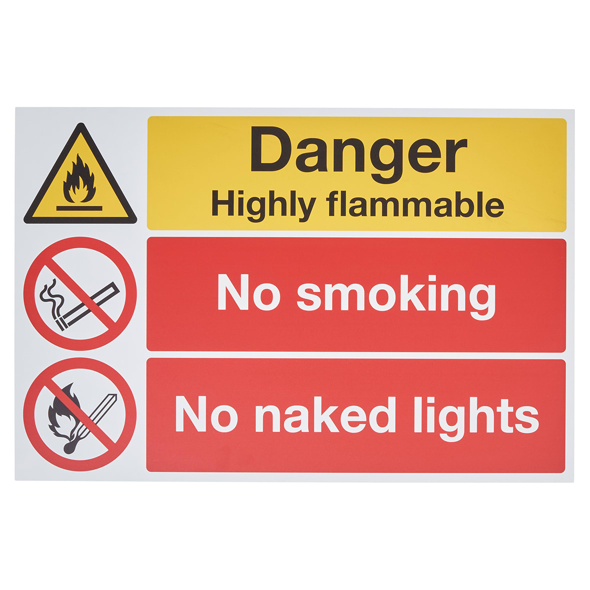Danger Highly Flammable/No Smoking/No Naked Lights Sign - 600 x 400mm - Rigid Plastic