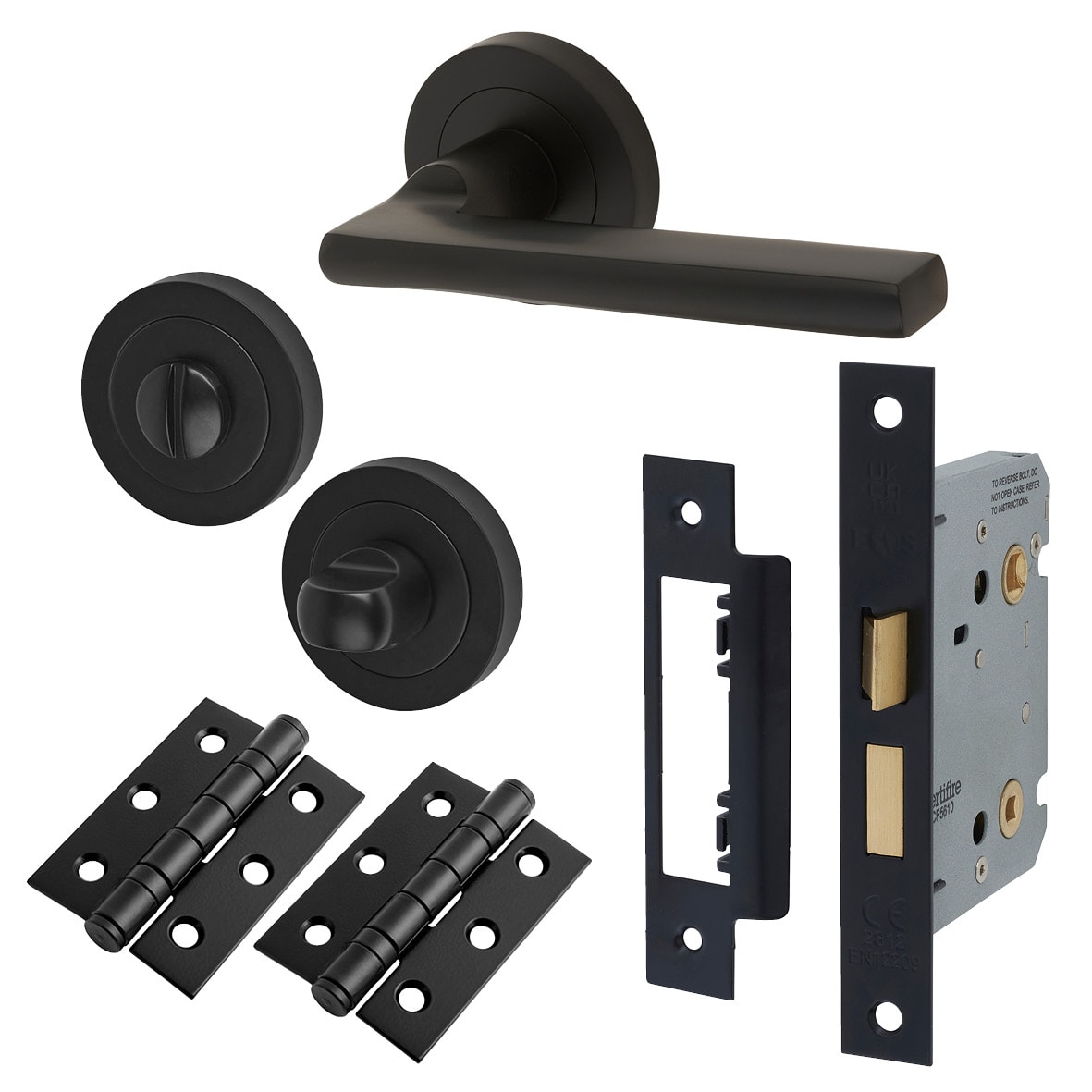 Matt Black Bathroom Lock Door Handles on Rose Pack - Lexi Range