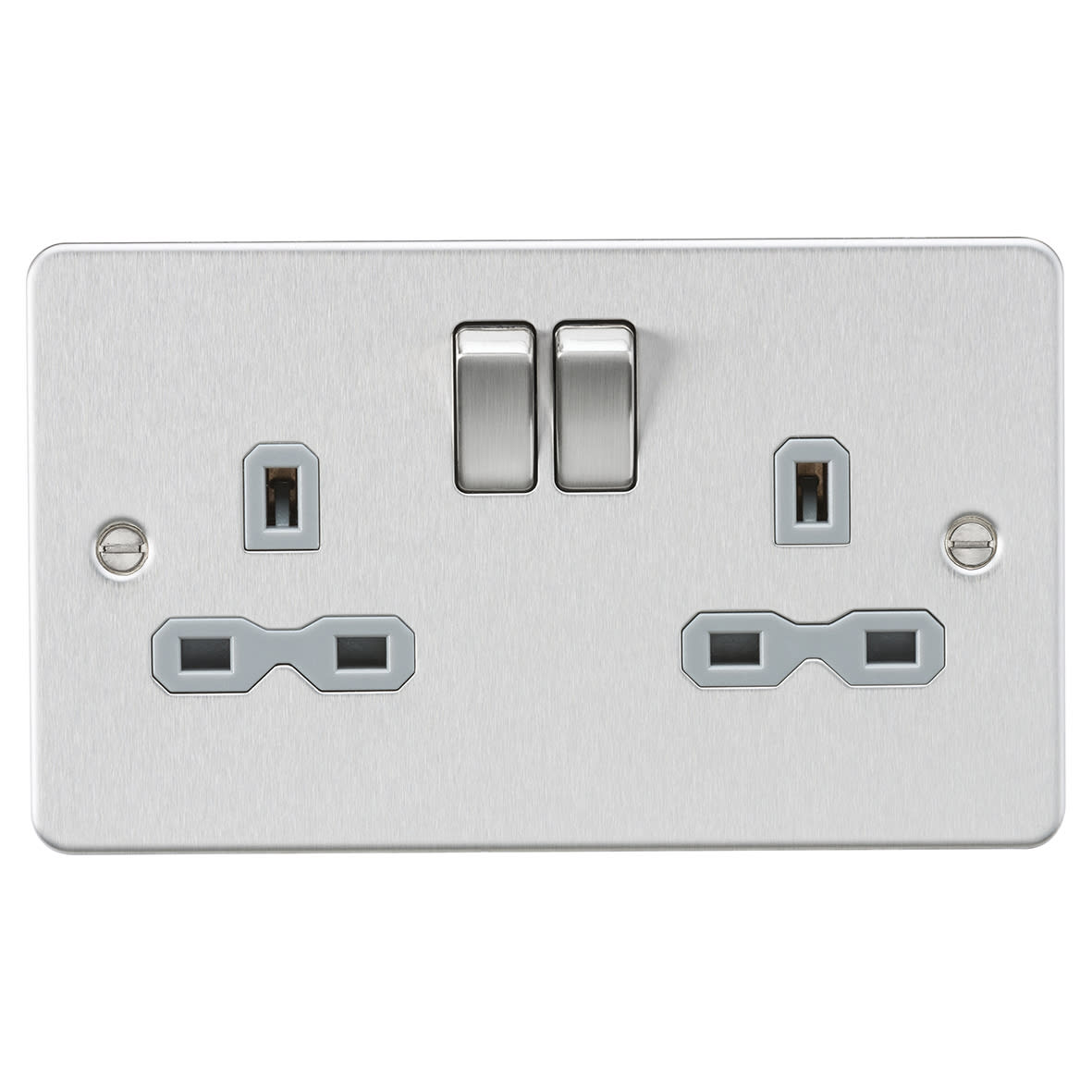 13A 2 Gang DP Switched Socket with Twin Earths - Brushed Chrome with Grey Insert