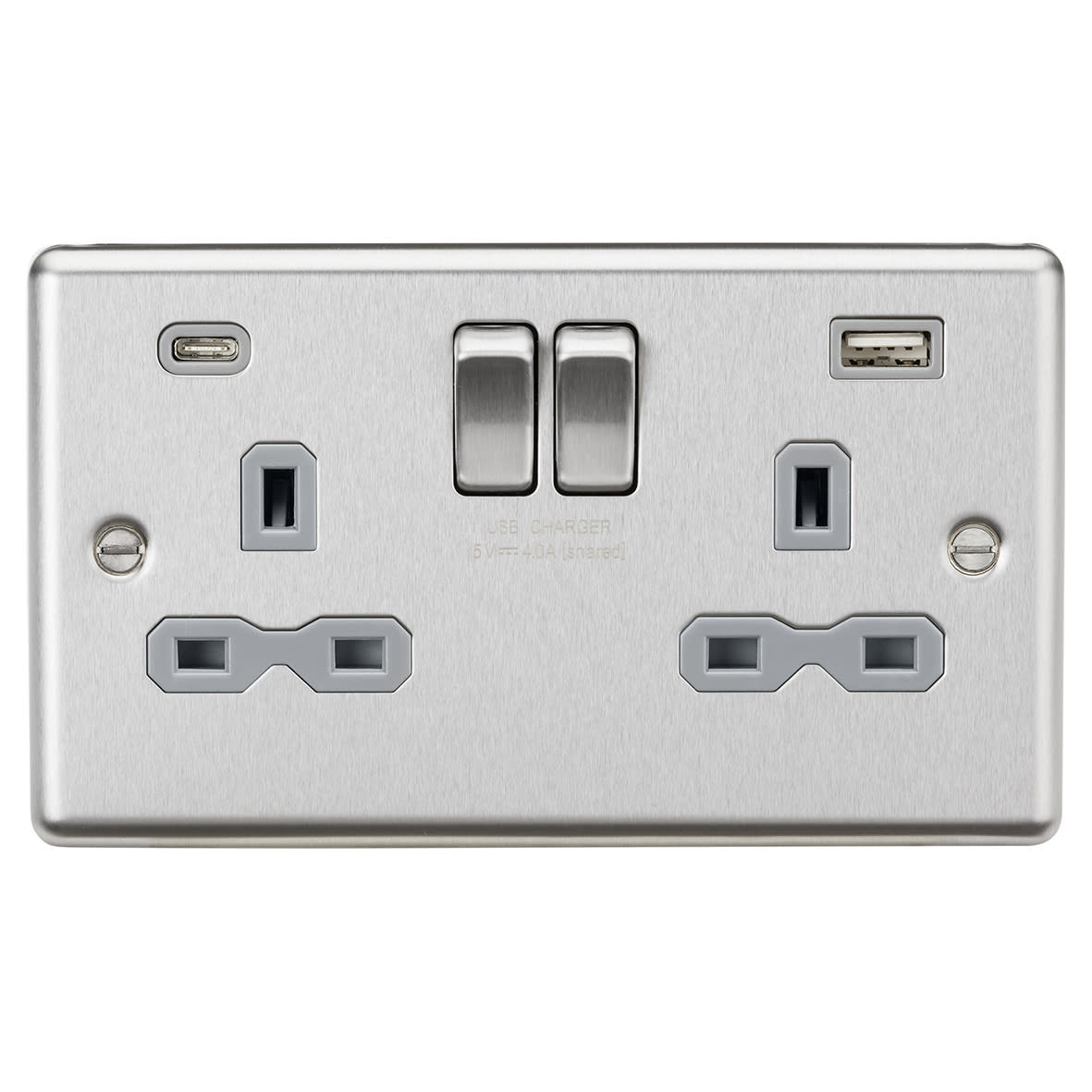 13A 2 Gang Round Edge Type A/C USB Socket with 2 x USB - 4A - Brushed Chrome/Grey