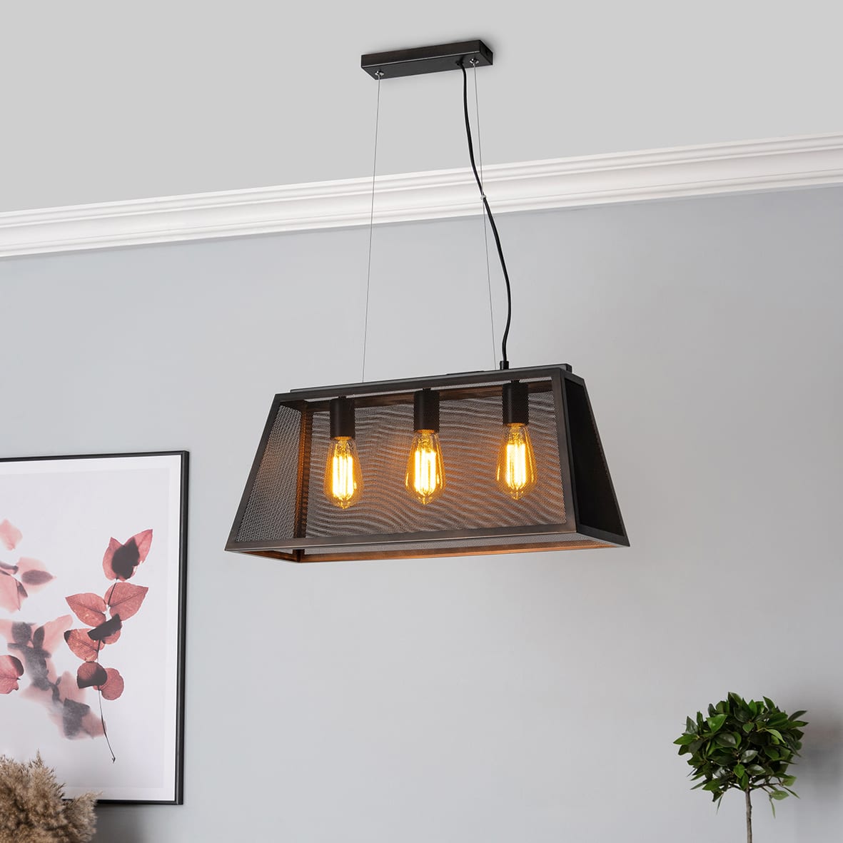 Mesh Industrial 3 Light Ceiling Pendant - Antique Bronze Fittings and Mesh Caged Shade