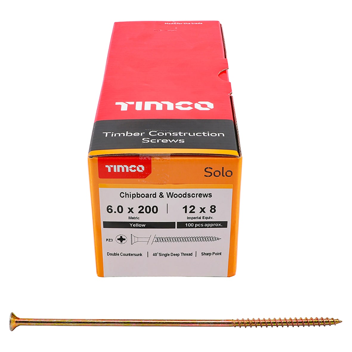 Solo Chippy Pozi Countersunk Wood Screws - 6.0 x 200mm - Yellow Zinc - Pack of 100