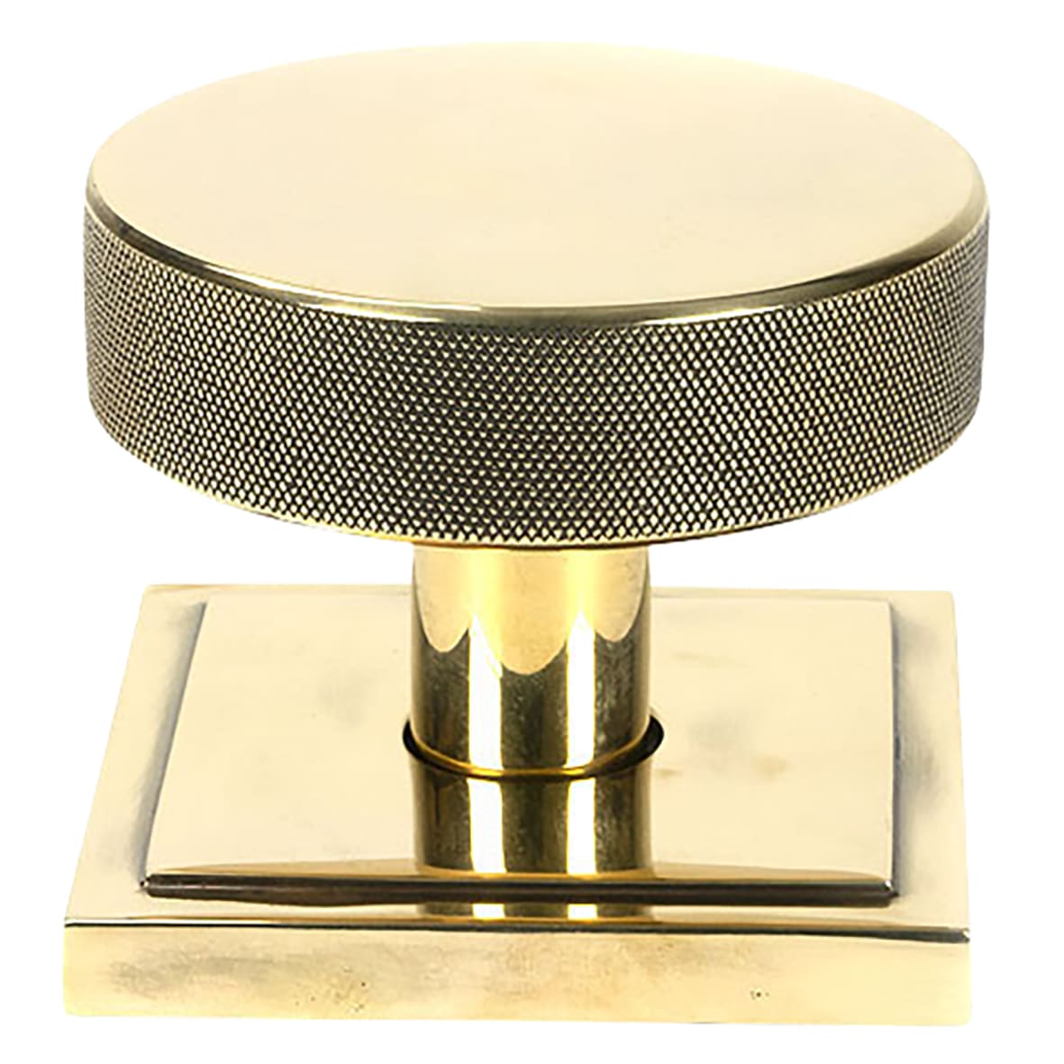 Brompton Aged Brass Round Knurled Centre Door Knob on Square Rose - 90 x 90mm Rose