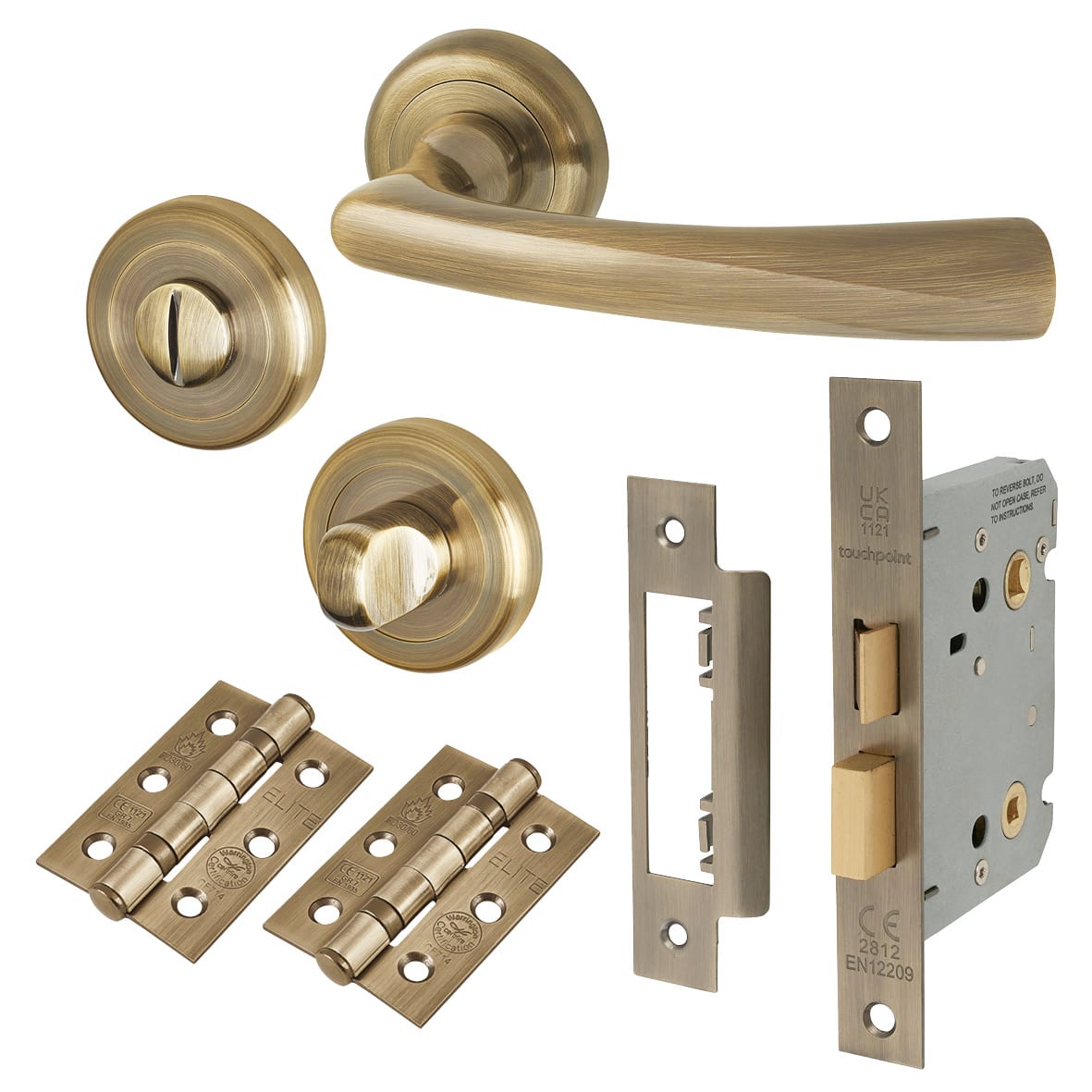 Antique Brass Bathroom Lock Door Handles on Rose Pack - Rochester Range