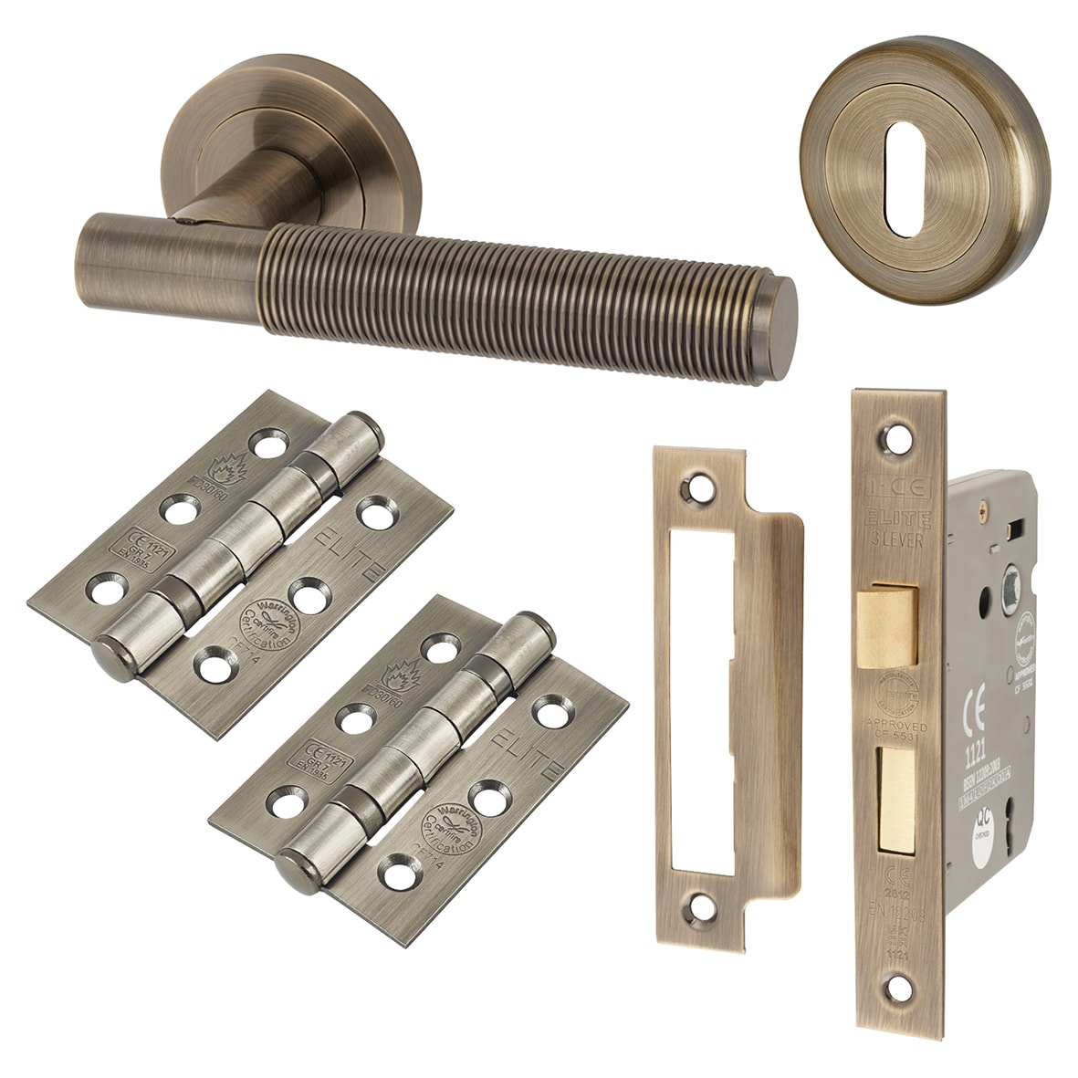 Antique Brass Reeded 3 Lever Sashlock Door Handles Pack - Lily Range