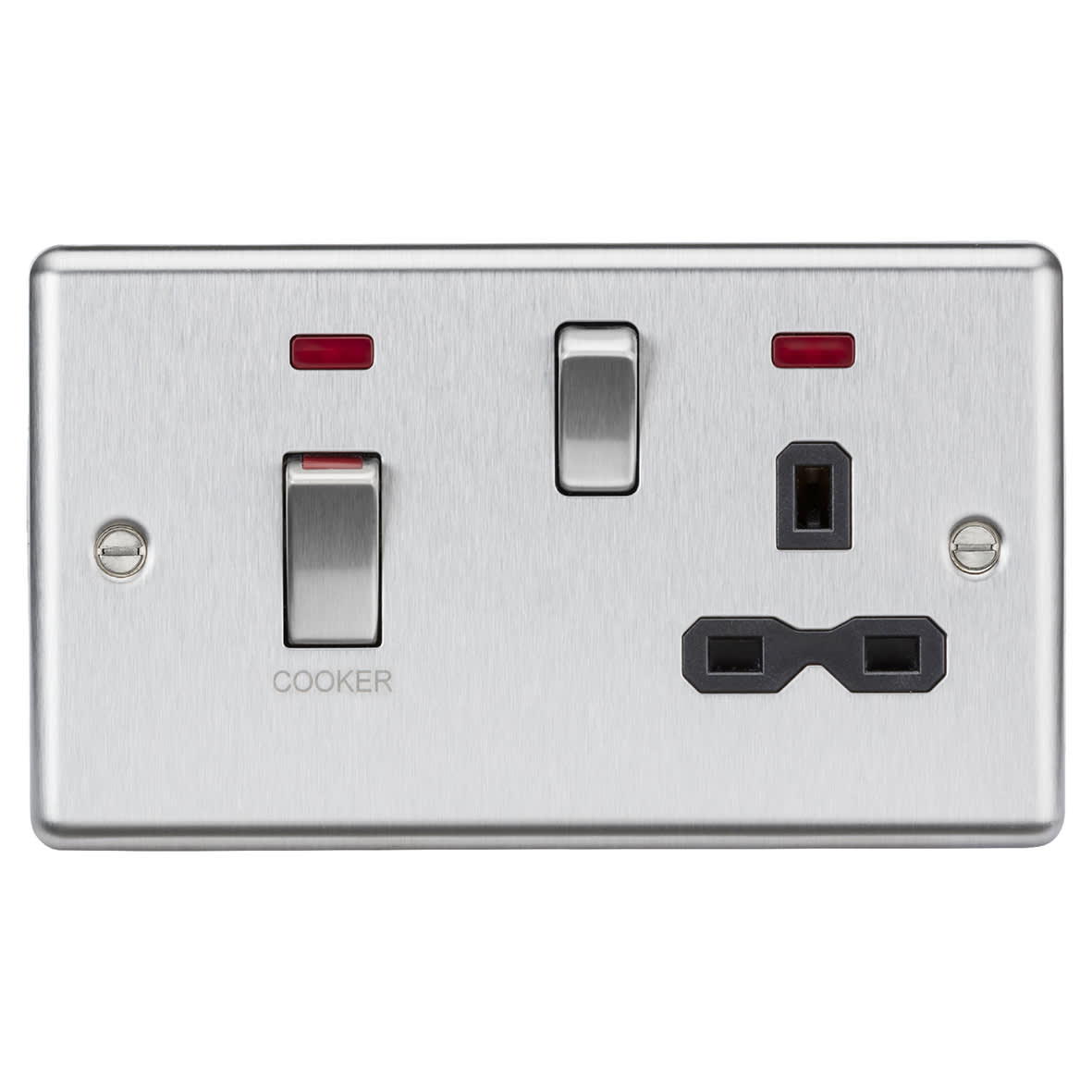 45A Round Edge DP Cooker Switch & 13A Socket & Neons - Brushed Chrome & Black Insert