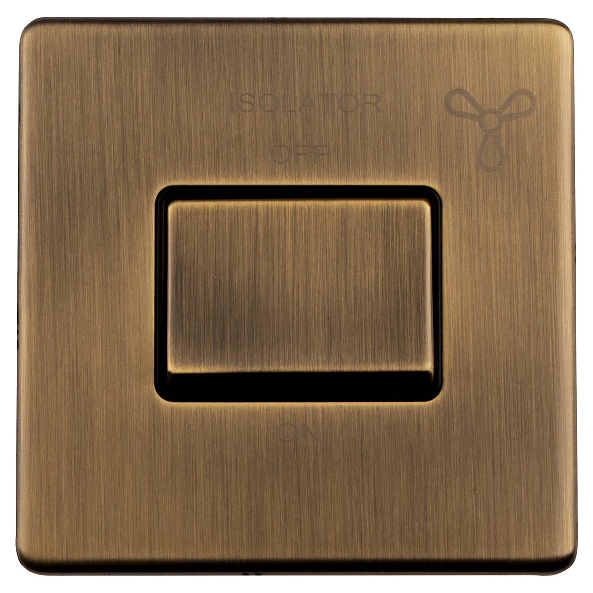 Concealed 10A 1 Gang Screwless Flat Plate Triple Pole Fan Isolator Switch - Antique Brass