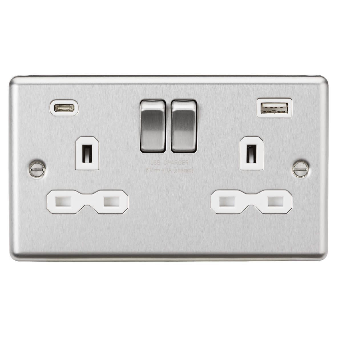 13A 2 Gang Round Edge Type A/C USB Socket with 2 x USB - 4A - Brushed Chrome/White