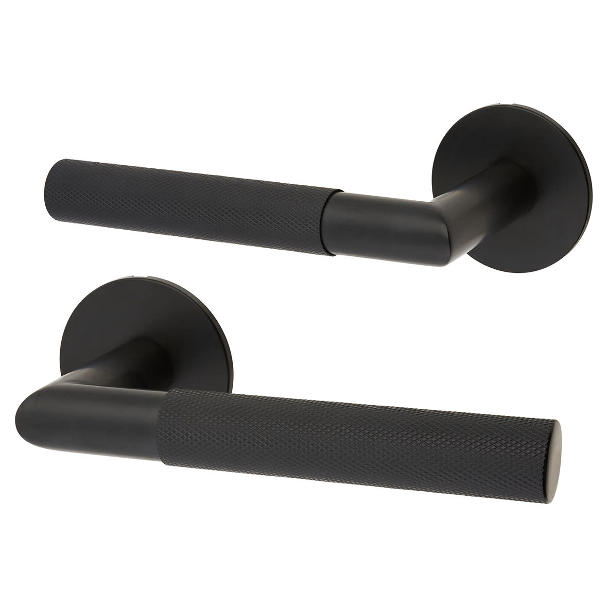 Matt Black Knurled Door Handles on Round Slim Rose - Schema Modell Range