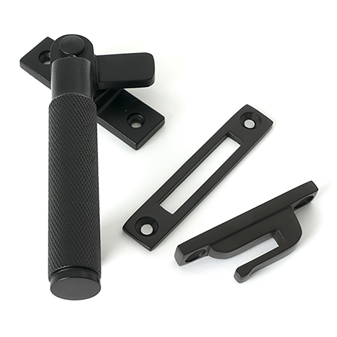 Brompton Knurled Locking Mortice & Hook Plate Window Fastener - Left - Matt Black