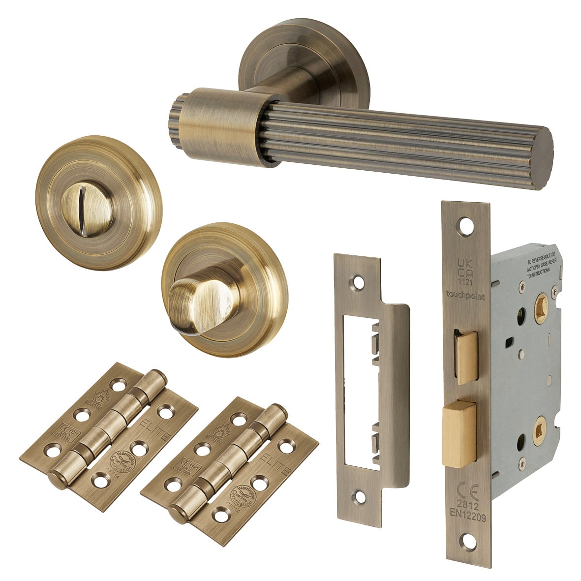 Antique Brass Lines Bathroom Lock Door Handles on Rose Pack - Eva Range