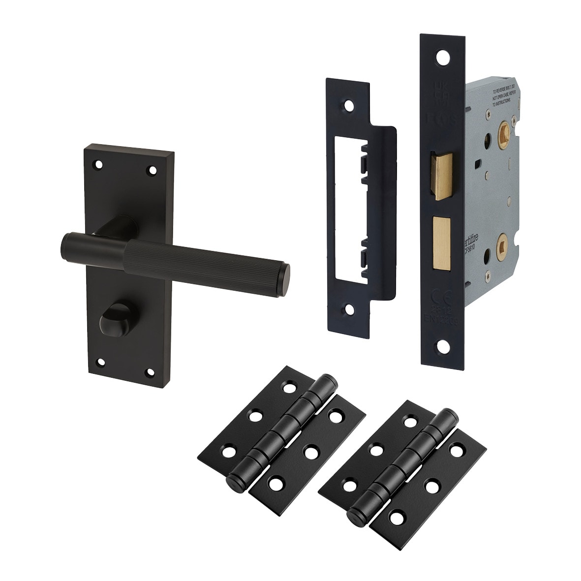 Matt Black Lines Bathroom Lock Door Handles Pack - Nova Range