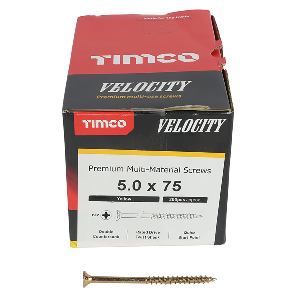 Velocity Pozi Countersunk Wood Screws - 5.0 x 75mm - Yellow Zinc - Pack of 200
