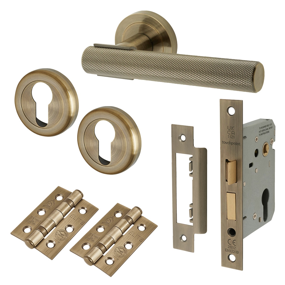 Antique Brass Knurled Euro Lock Door Handles on Rose Pack - Orla Range