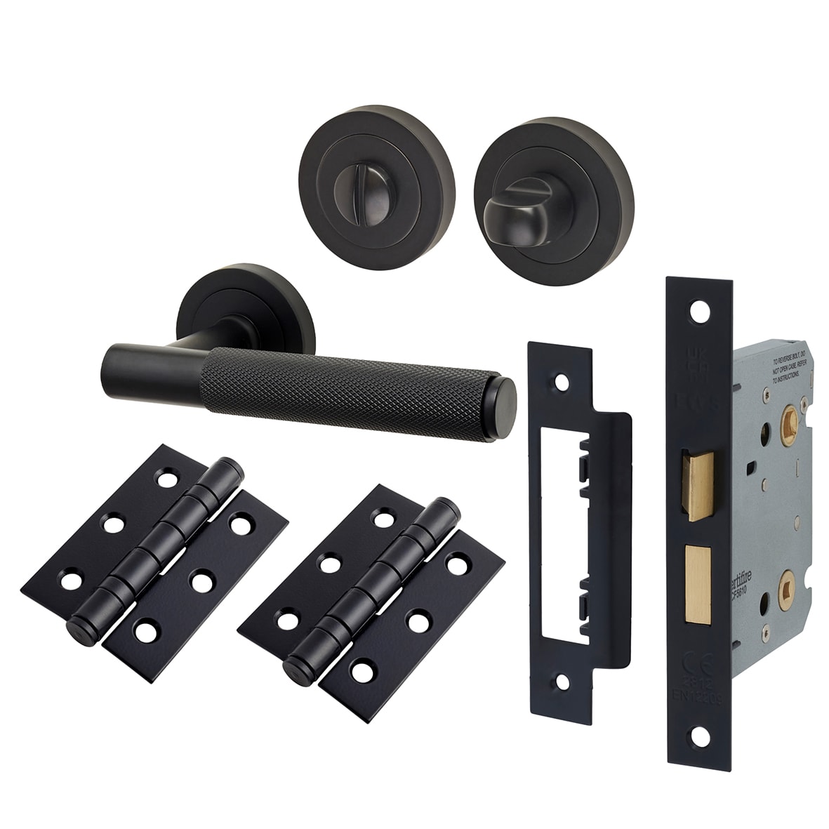 Matt Black Knurled Bathroom Lock Door Handles Pack - Remi Range