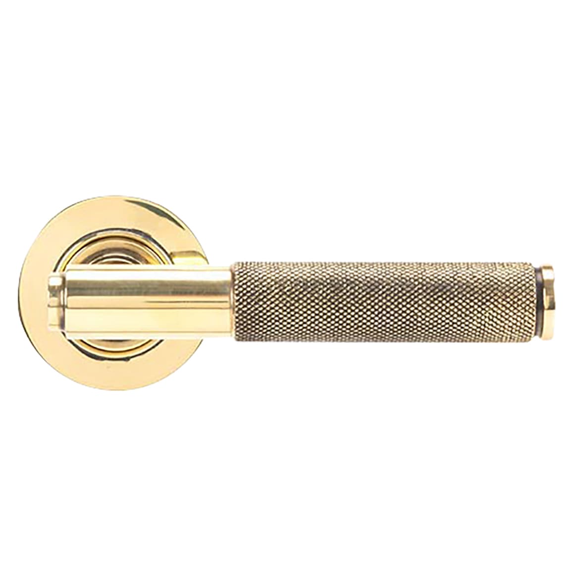 Aged Brass Knurled Door Handles on Round Rose - Brompton Range