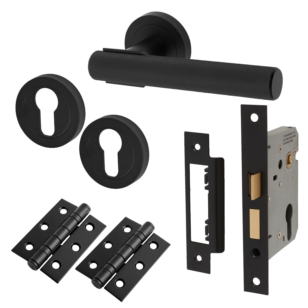 Matt Black Knurled Euro Lock Door Handles on Rose Pack - Orla Range